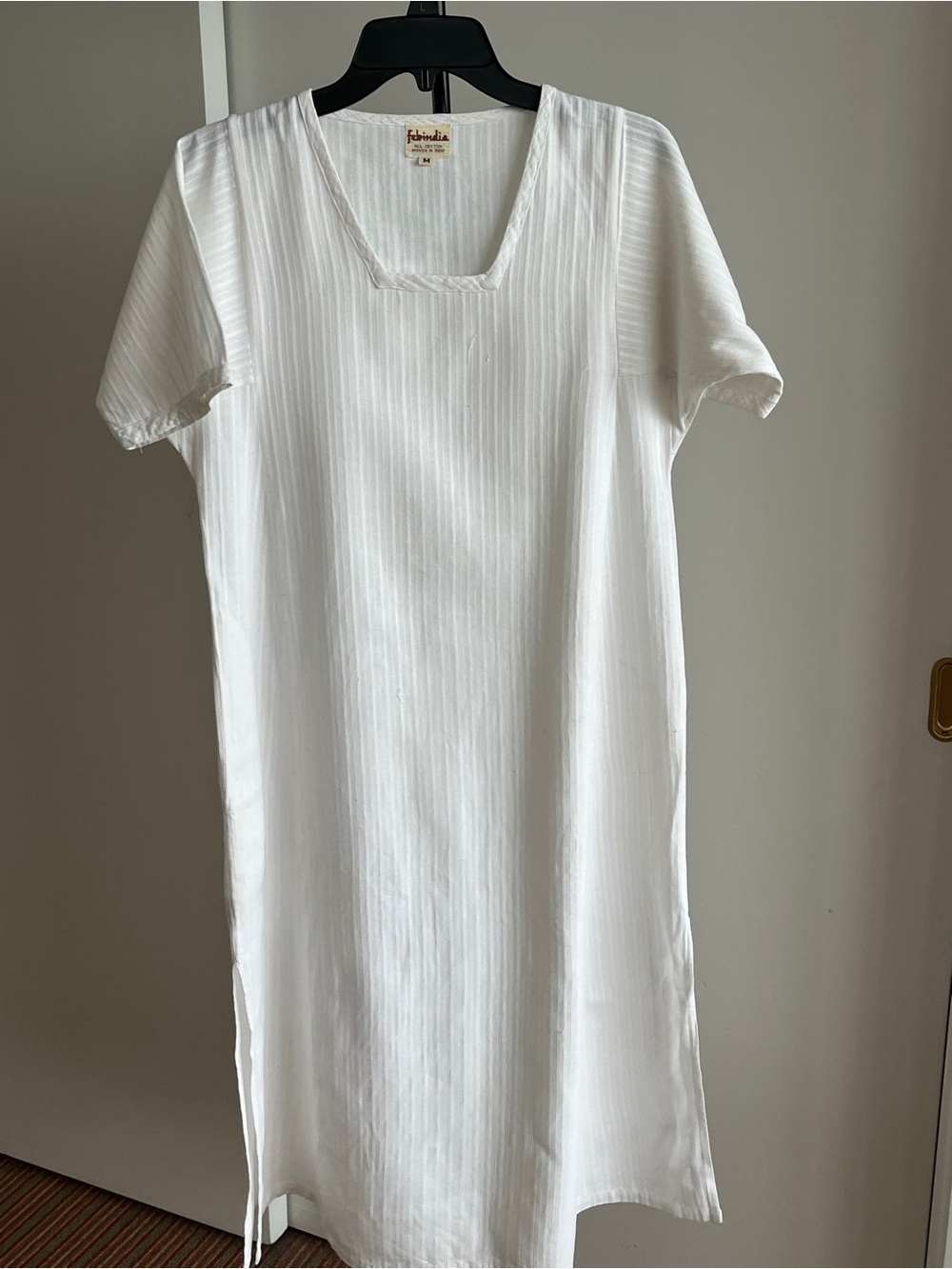Fabindia Top Tunic White Khadi 100% Cotton Chic Long Kurta Dress Short Sleeve S